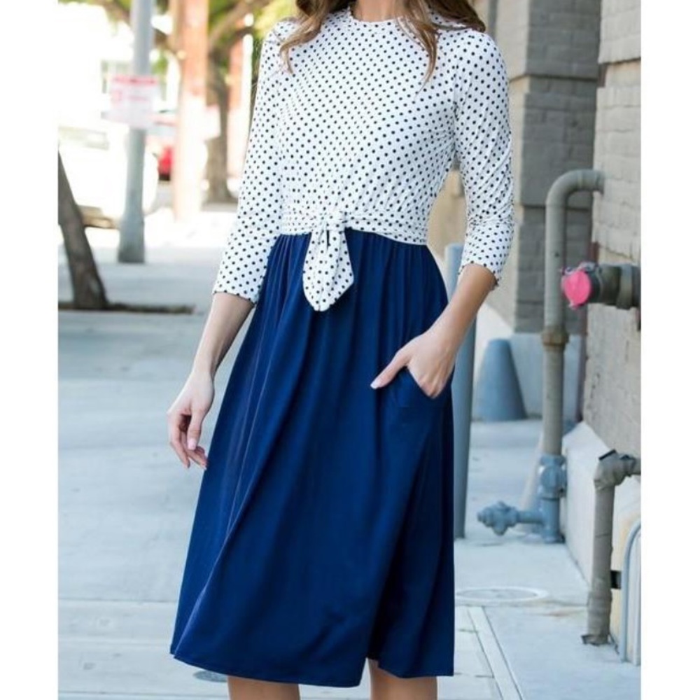 NWT Reborn J Navy/White Polka Dot 3/4 Sleeve Dress